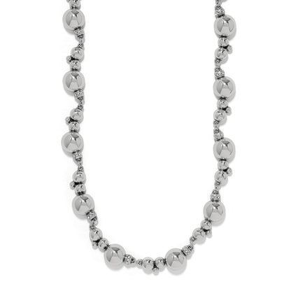 Brighton necklace with silver-plated round beads and crystal-accented rondelle spacers on a white background