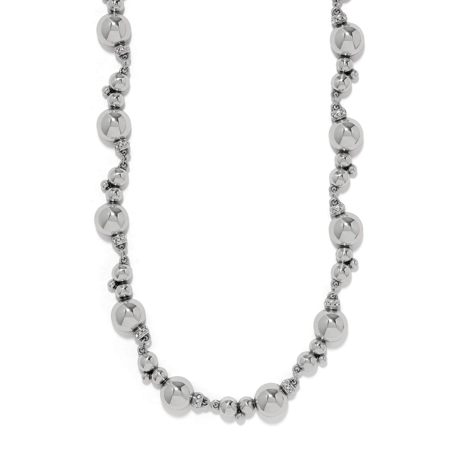 Brighton necklace with silver-plated round beads and crystal-accented rondelle spacers on a white background