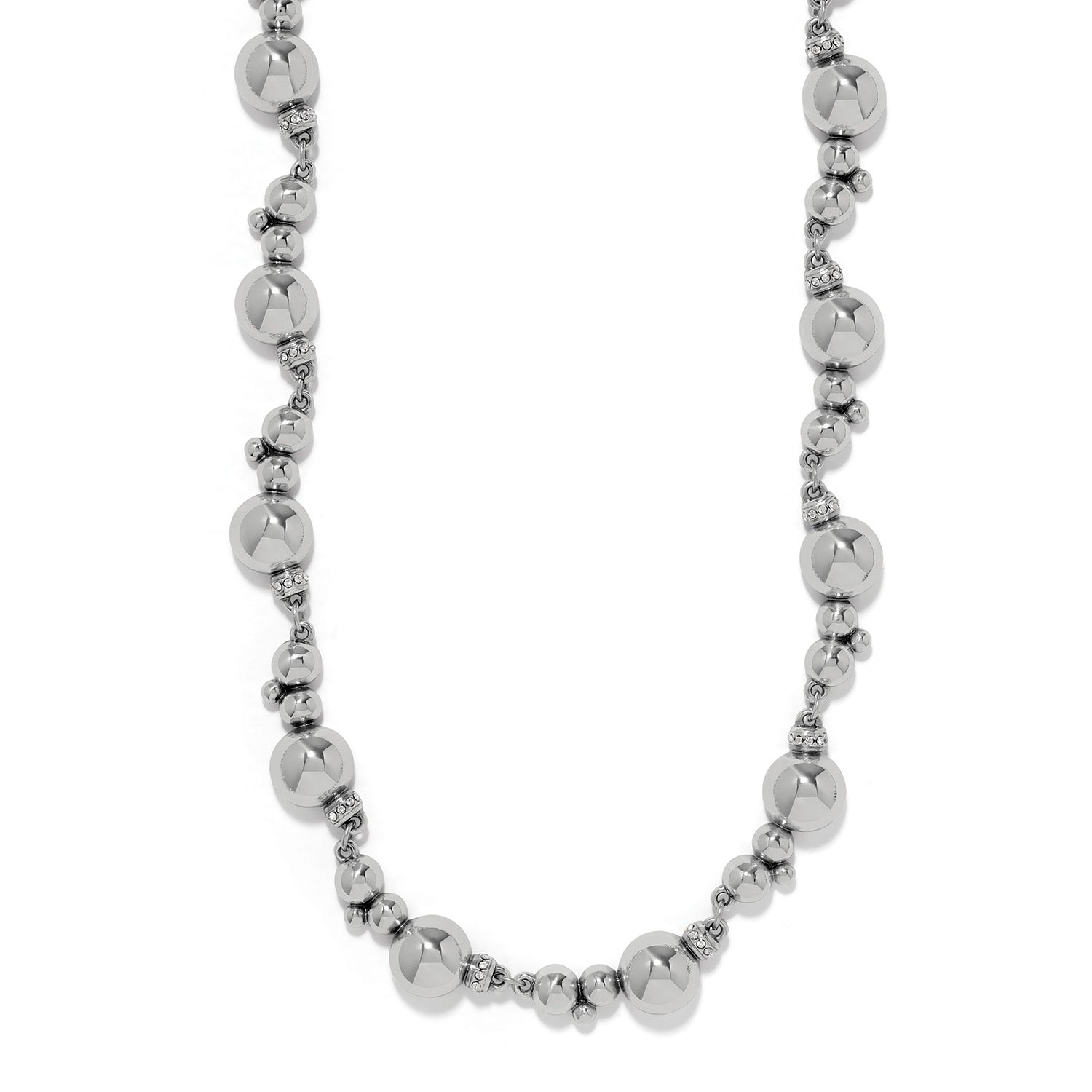 Brighton necklace with silver-plated round beads and crystal-accented rondelles linked along the chain on a white background