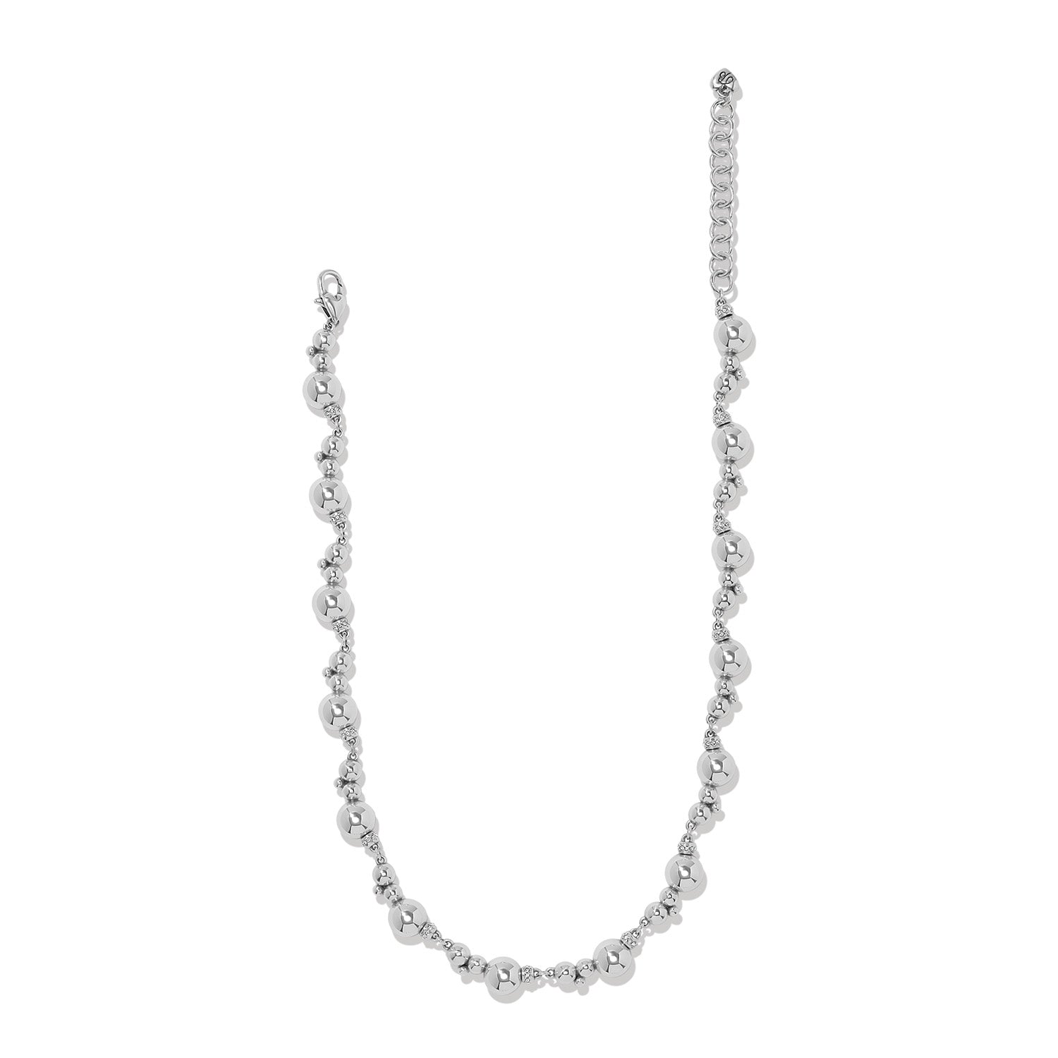 Brighton silver-plated beaded necklace with polished round beads, crystal accents, and adjustable chain on a white background