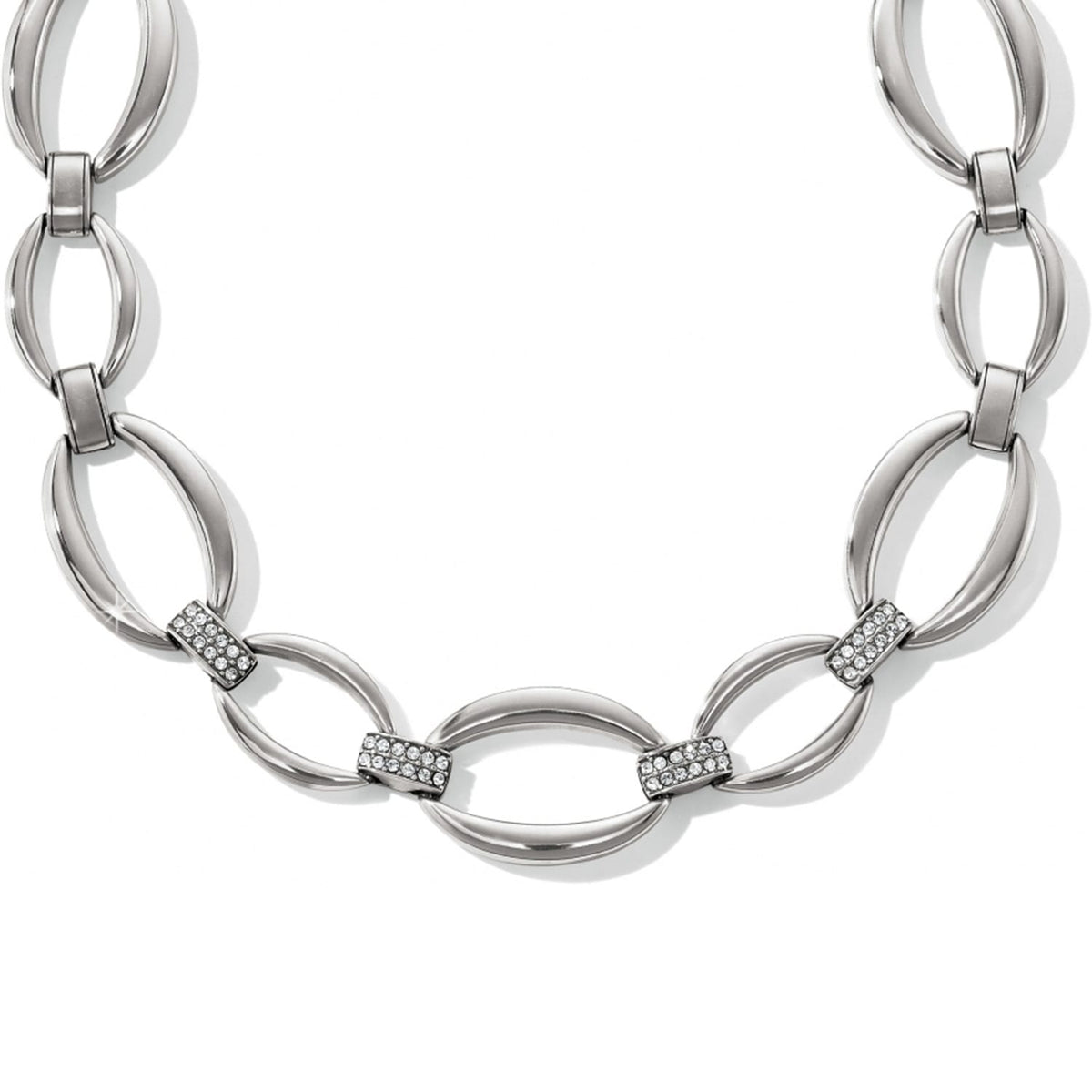 Brighton link necklace with silver-plated oval links and crystal-accented bar stations on a white background