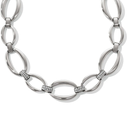 Brighton link necklace with silver-plated oval links and crystal-accented bar stations on a white background