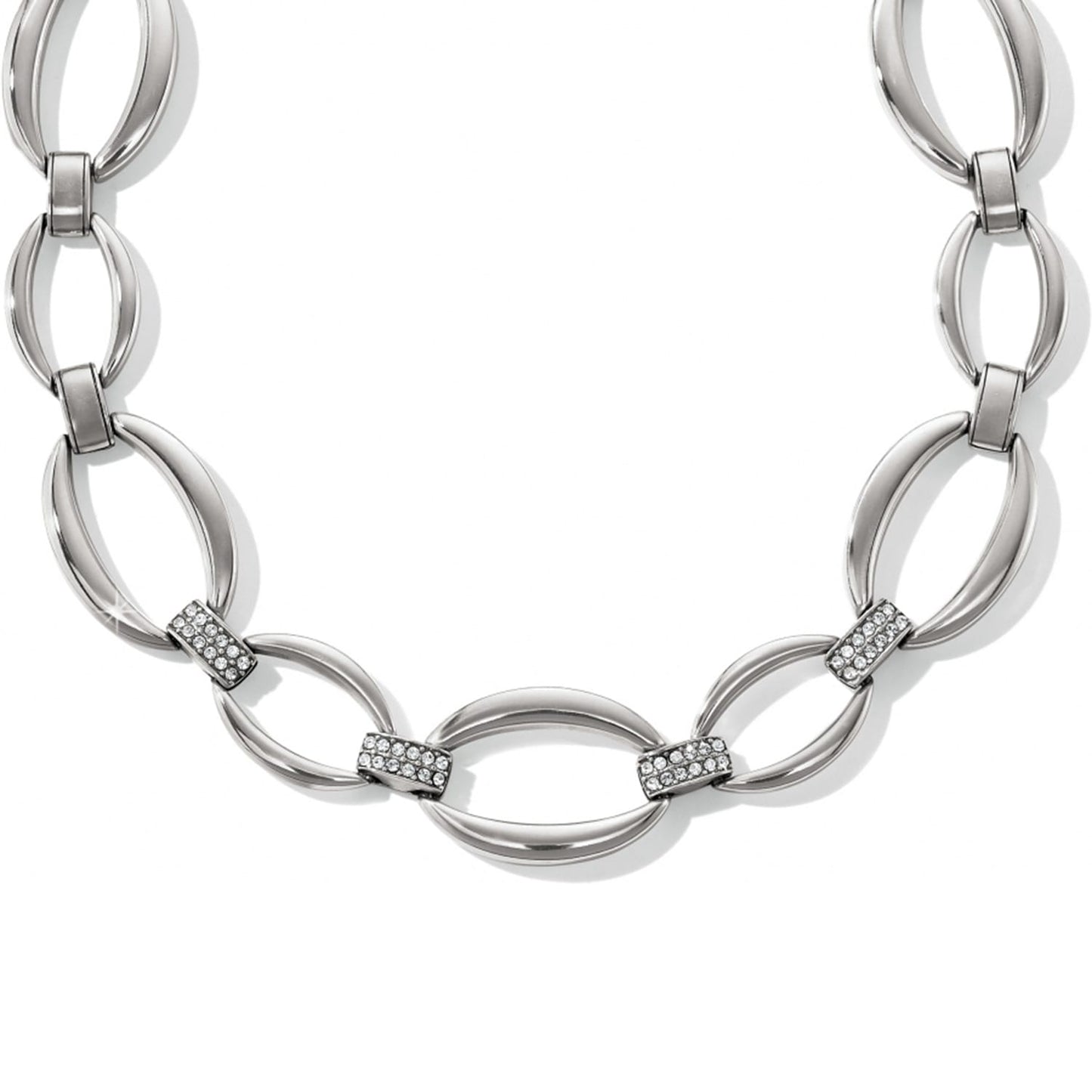 Brighton link necklace with silver-plated oval links and crystal-accented bar stations on a white background