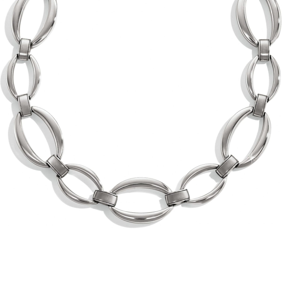 Brighton necklace with large silver-plated oval links connected by rectangular bar accents on a white background