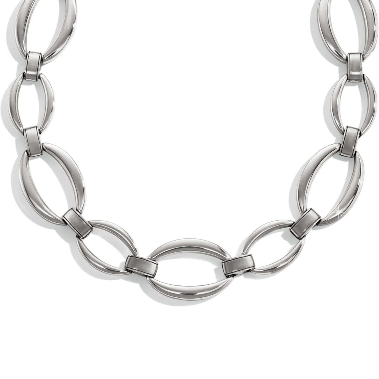 Brighton necklace with large silver-plated oval links connected by rectangular bar accents on a white background