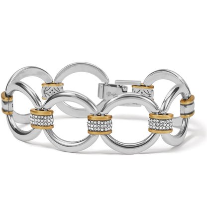 Brighton bracelet with silver-tone circular links and gold-tone crystal-set stations in a two-tone finish on a white background