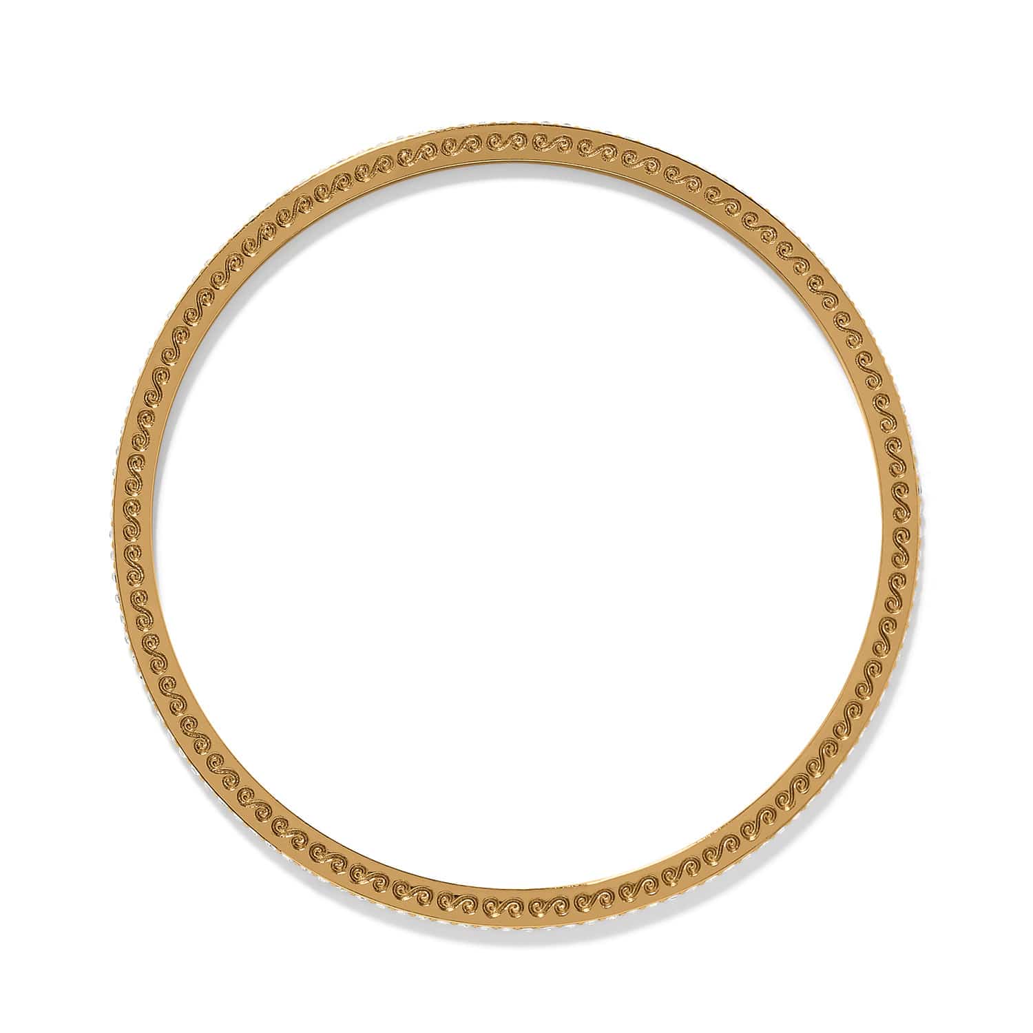 Brighton bangle bracelet shown from the side with gold-plated scroll engraved detailing on a white background