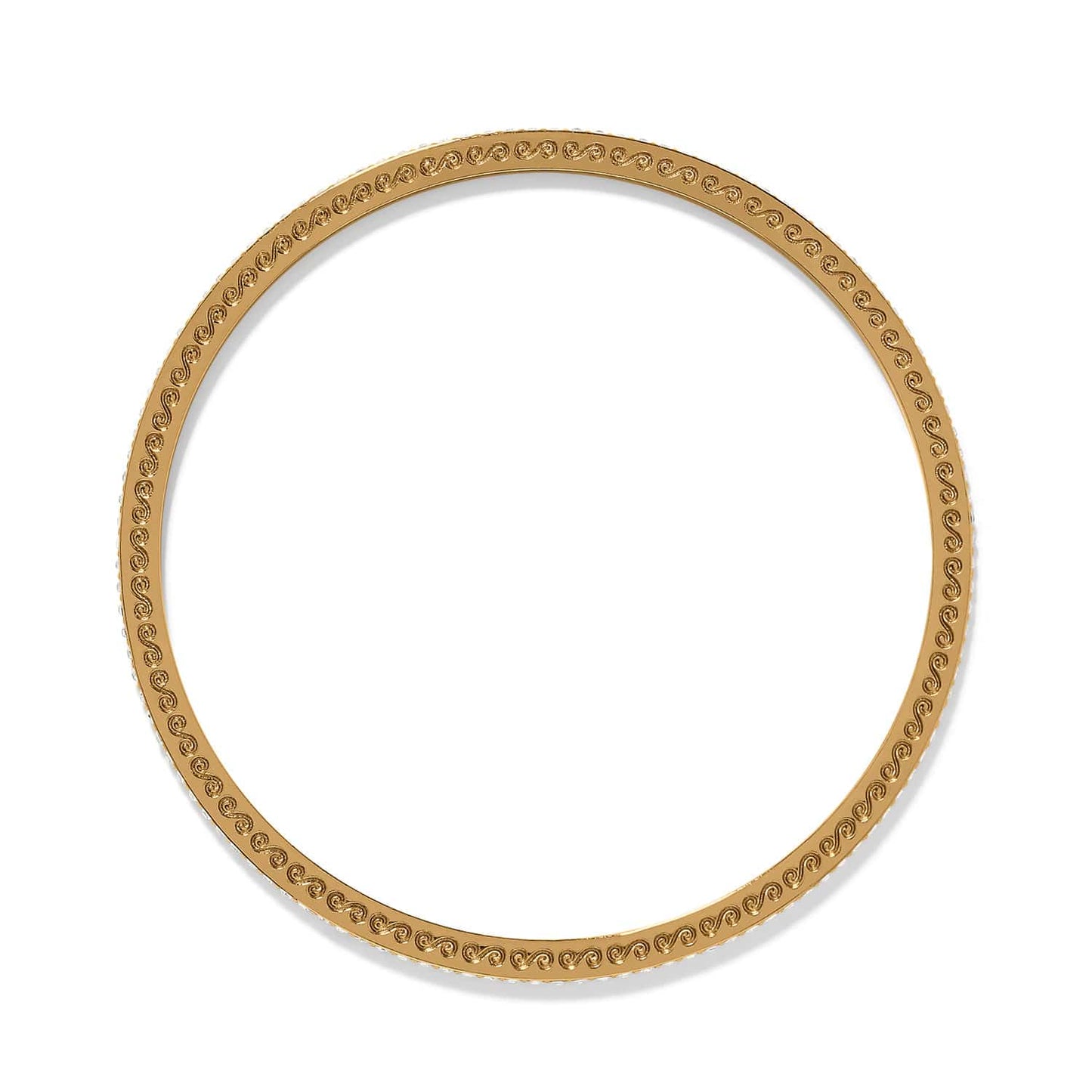 Brighton bangle bracelet shown from the side with gold-plated scroll engraved detailing on a white background