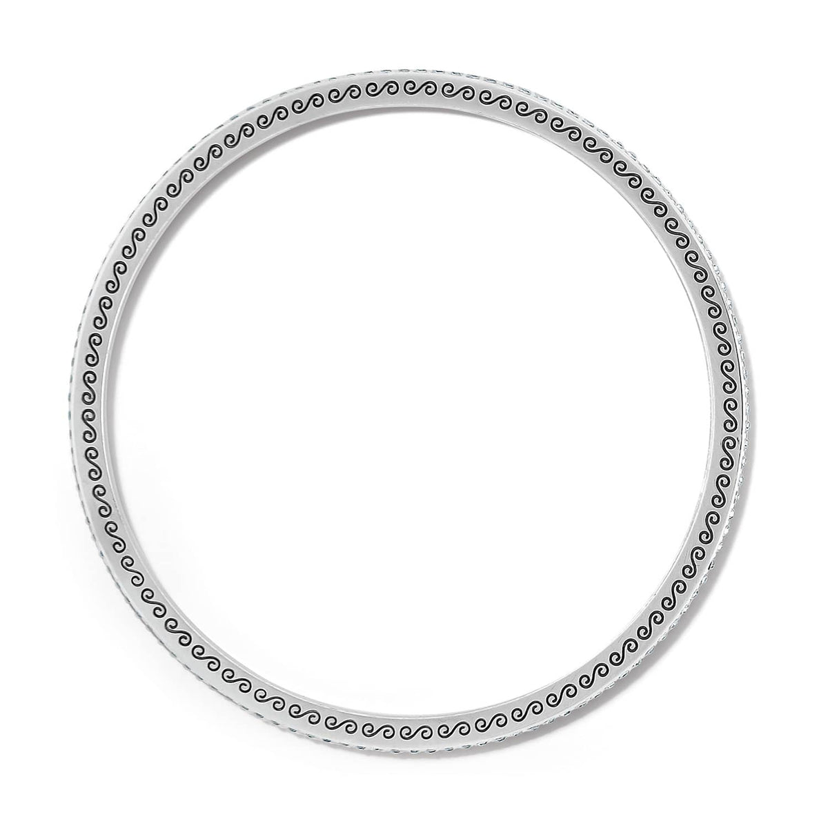 Brighton bangle bracelet shown from the side with engraved scroll wave pattern and silver-plated finish on a white background