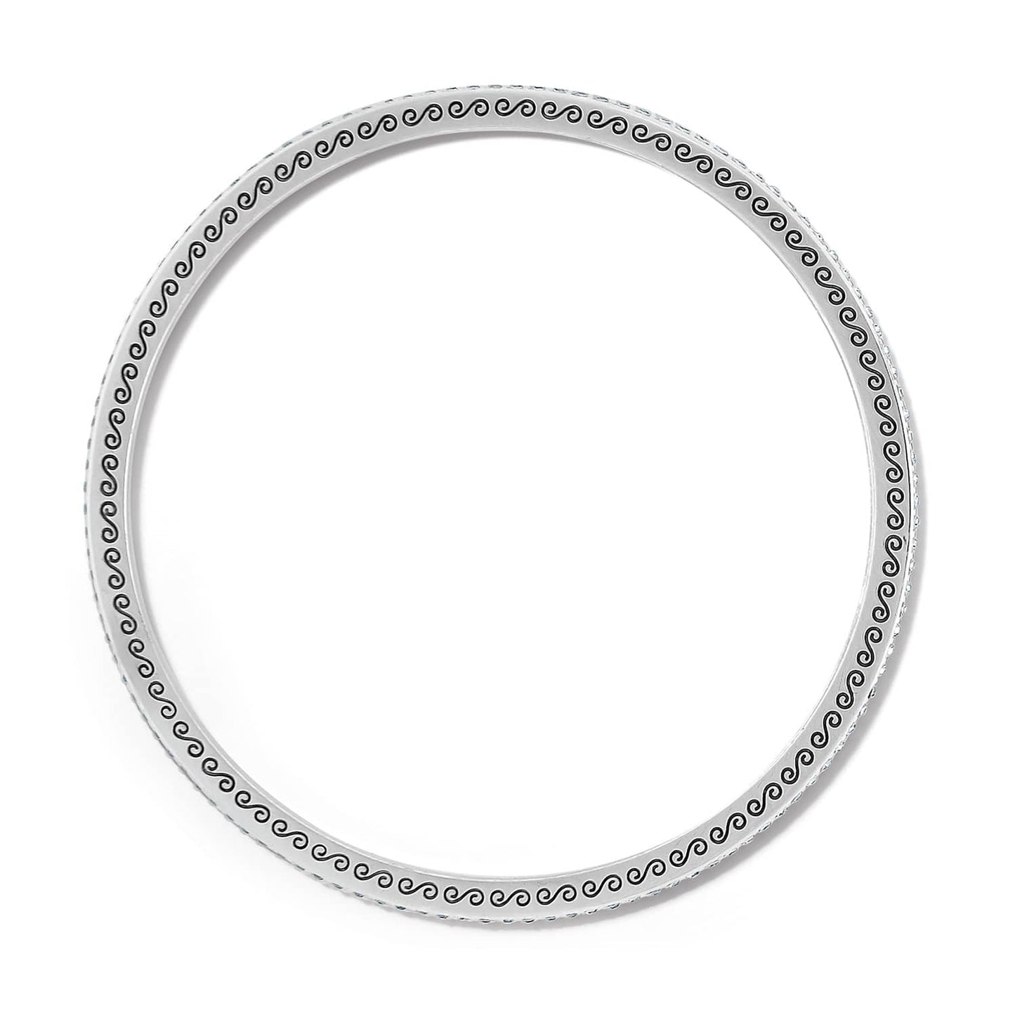 Brighton bangle bracelet shown from the side with engraved scroll wave pattern and silver-plated finish on a white background