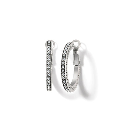 Brighton hoop earrings with silver-plated finish, crystal pavé fronts, and engraved scroll sides on a white background