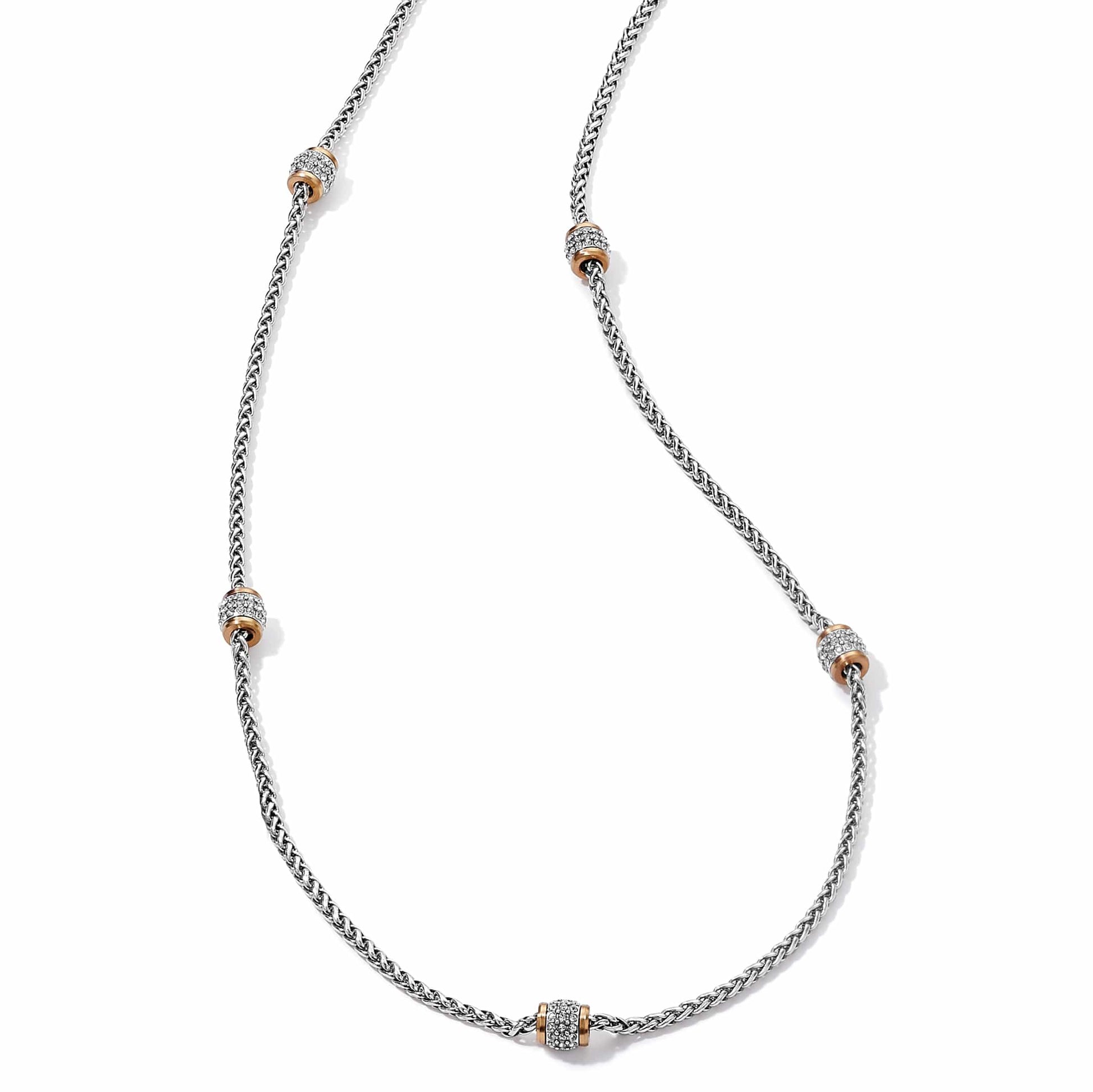 Brighton two-tone station necklace with silver-tone wheat chain and rose gold crystal pavé beads on a white background