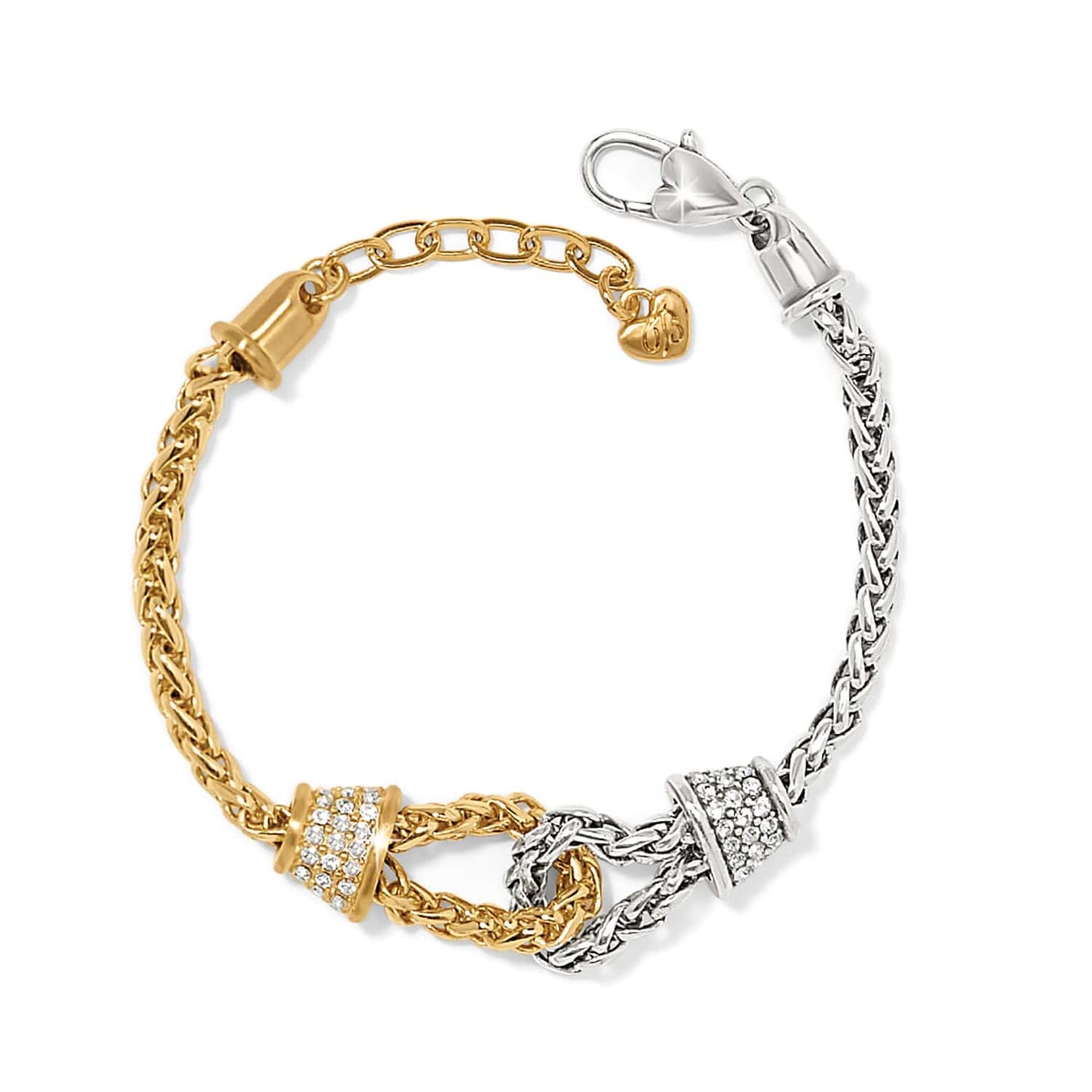 Brighton two-tone bracelet with gold and silver woven chains, crystal-pavé accents, and lobster clasp on a white background