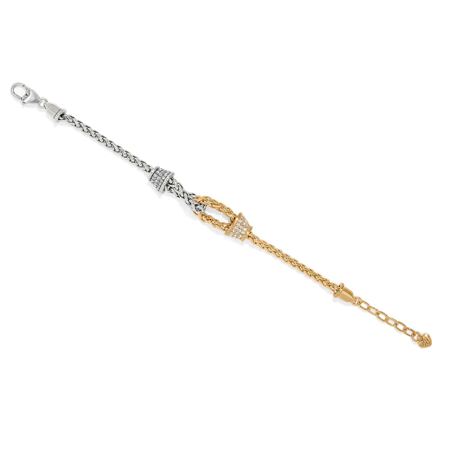 Brighton two-tone bracelet with silver and gold woven chains and crystal pave accents on a white background