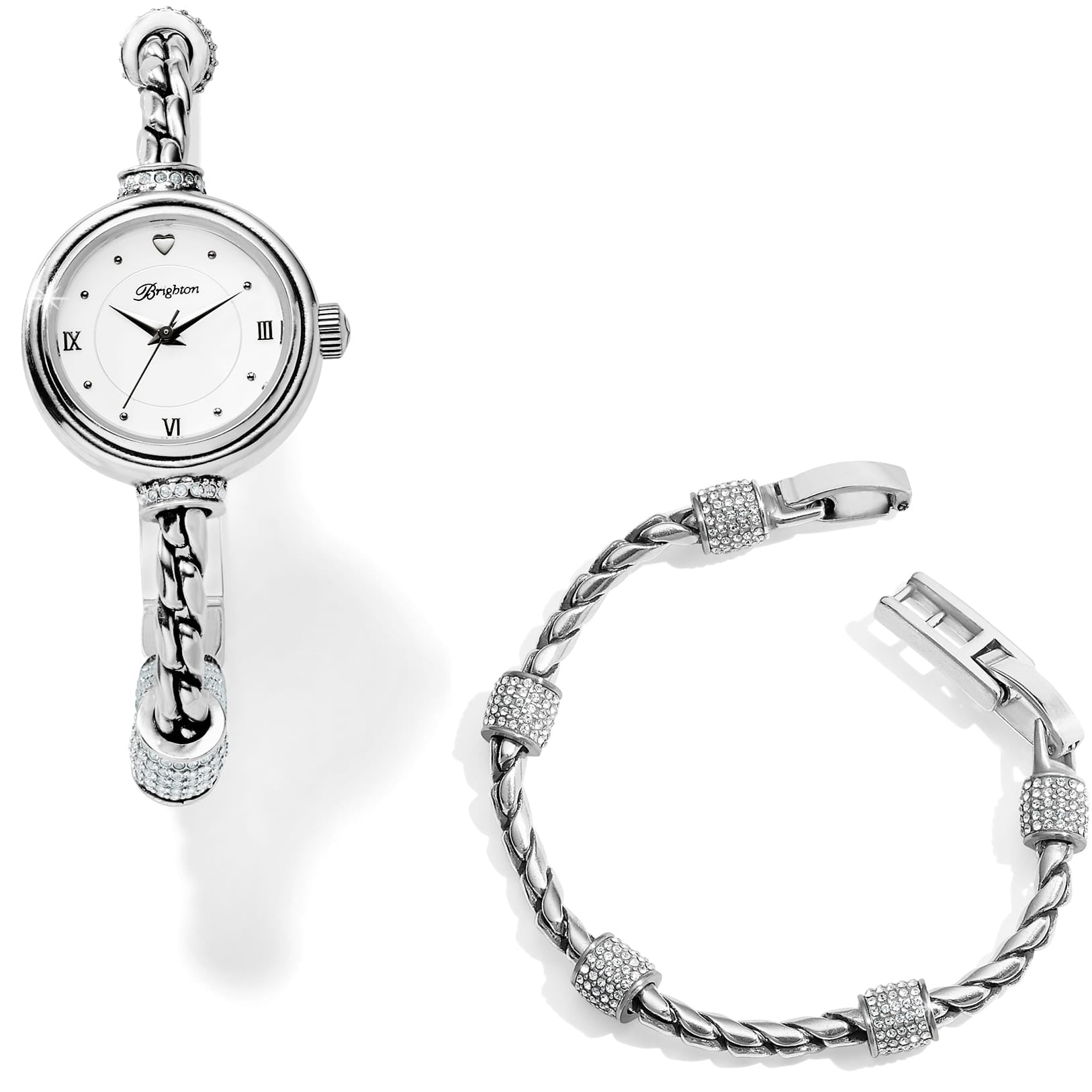 Brighton watch and bangle bracelet set with silver-tone twisted band and crystal pave accents on a white background