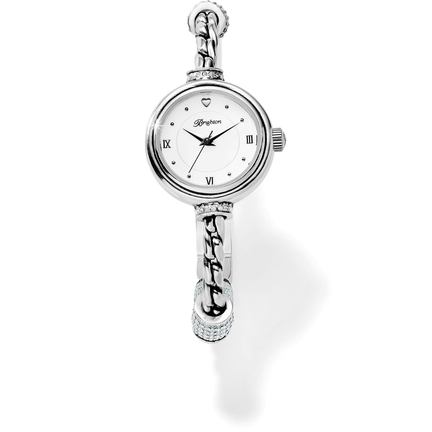 Brighton bangle watch with round silver-tone case, white dial, Roman numerals, and crystal accents on a white background
