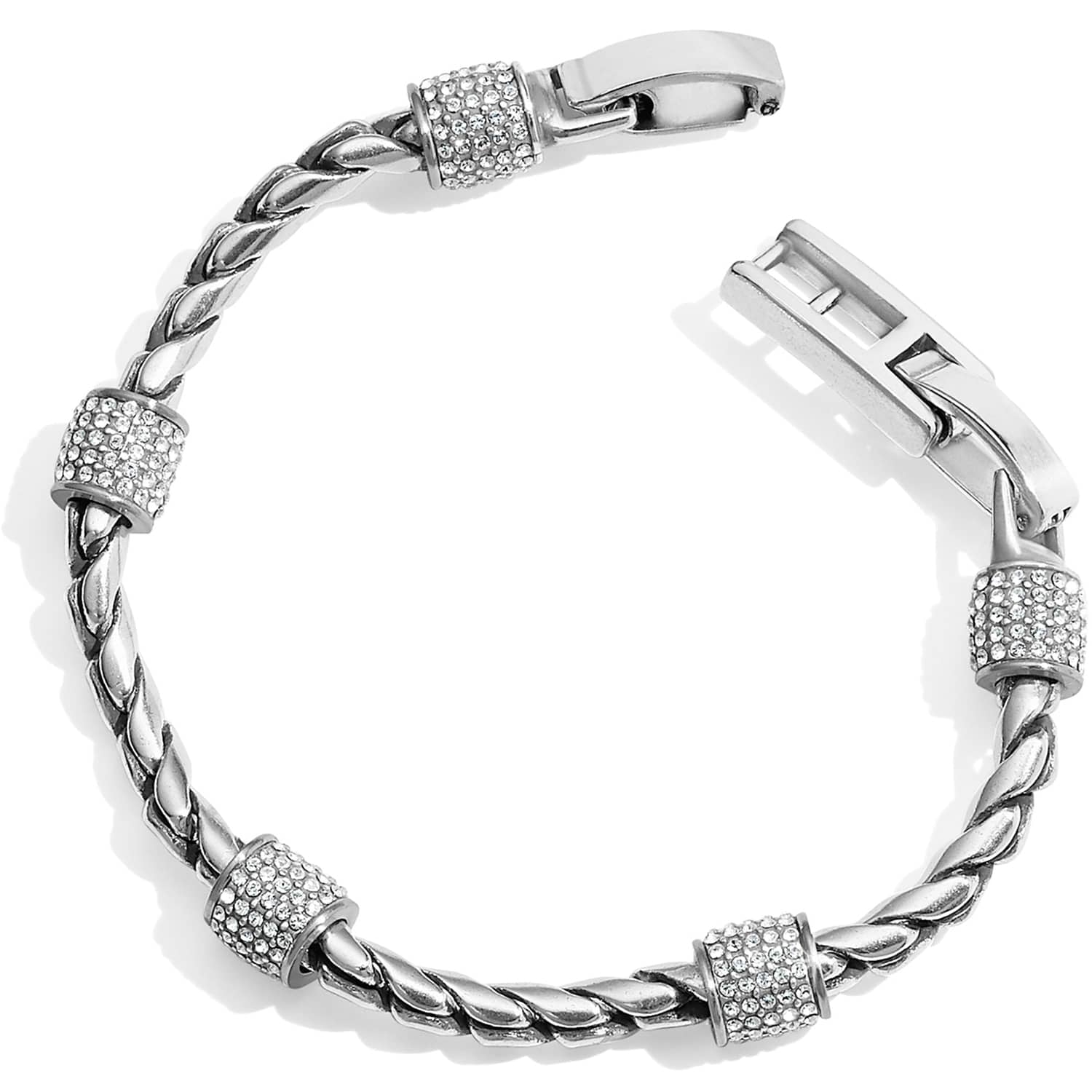 Brighton bracelet with twisted silver-tone rope chain and crystal pavé barrel stations with hook clasp on a white background