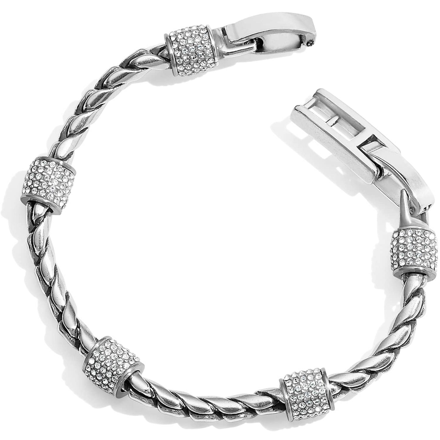 Brighton bracelet with twisted silver-tone rope chain and crystal pavé barrel stations with hook clasp on a white background