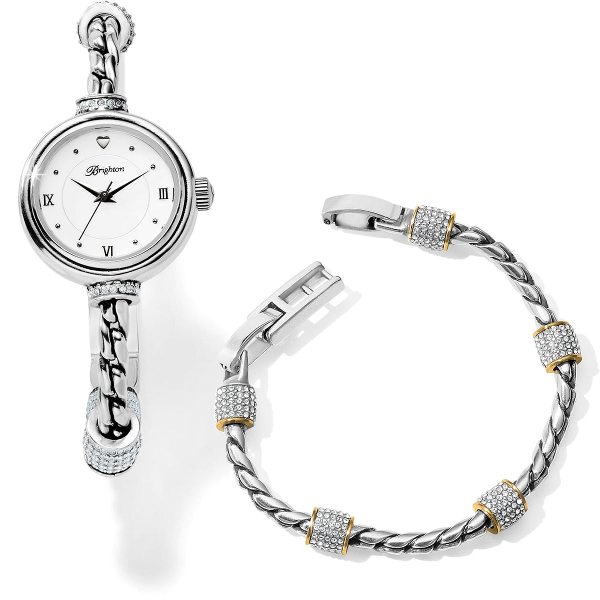 Brighton watch and bracelet set with silver-tone braided bands, crystal accents, and gold-tone details on a white background