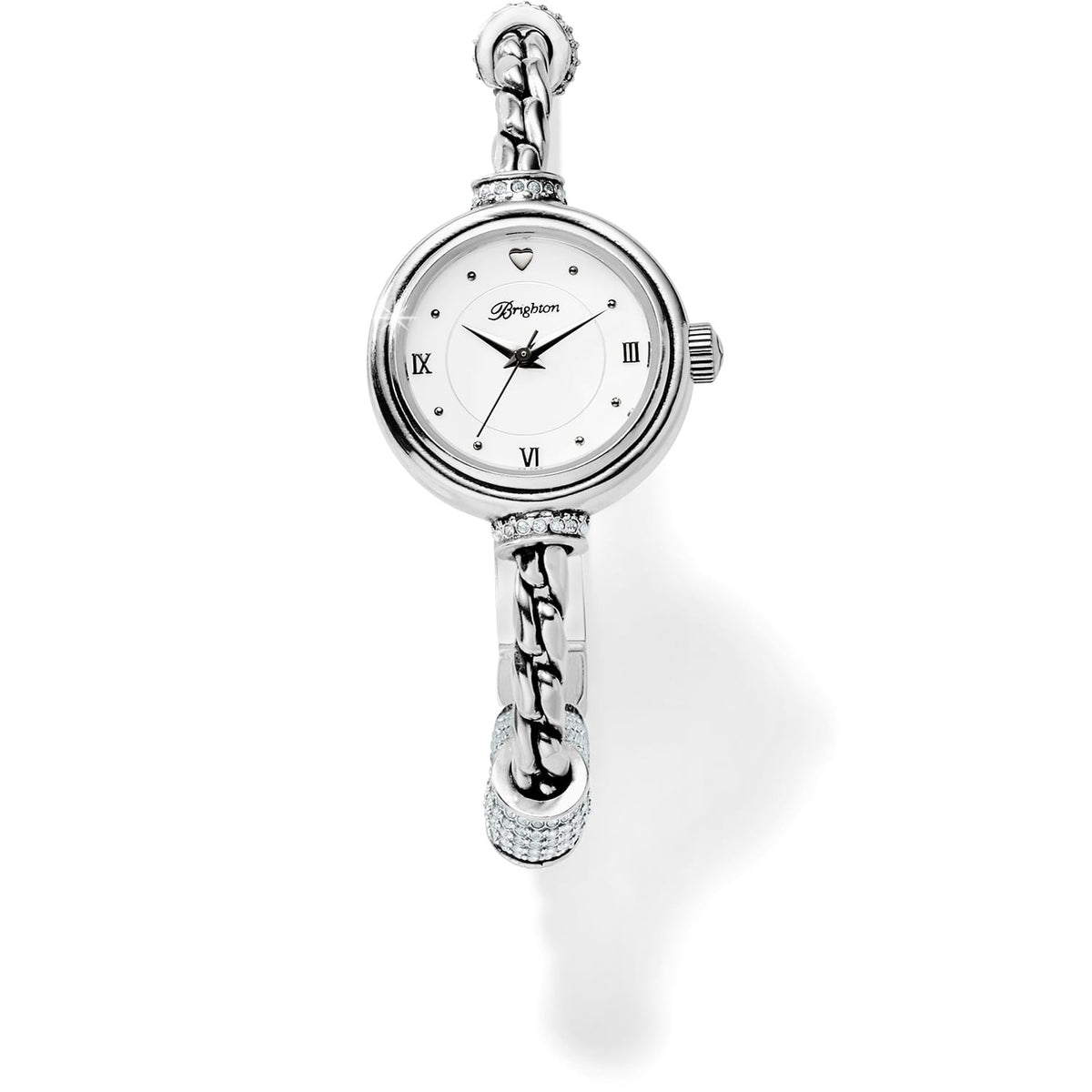 Brighton bangle watch with round white dial, Roman numerals, braided silver-tone band, and crystal accents on a white background