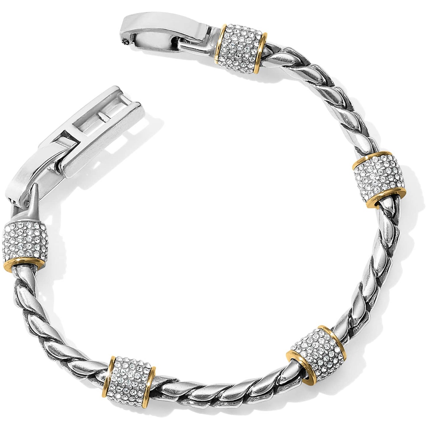 Brighton bracelet with silver-tone twisted rope chain and crystal pavé stations with gold-tone accents on a white background