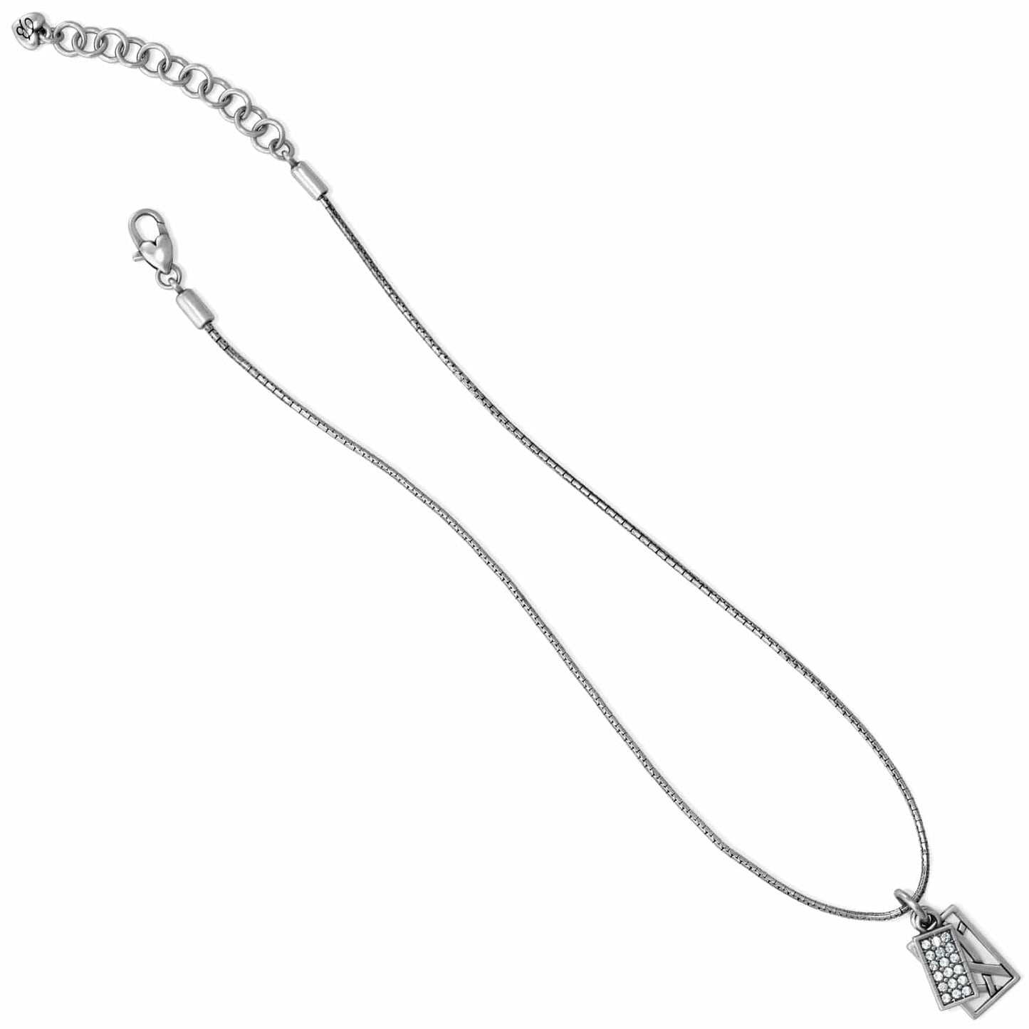 Brighton pendant necklace with slim silver-tone chain and small rectangular crystal pavé charm on a white background