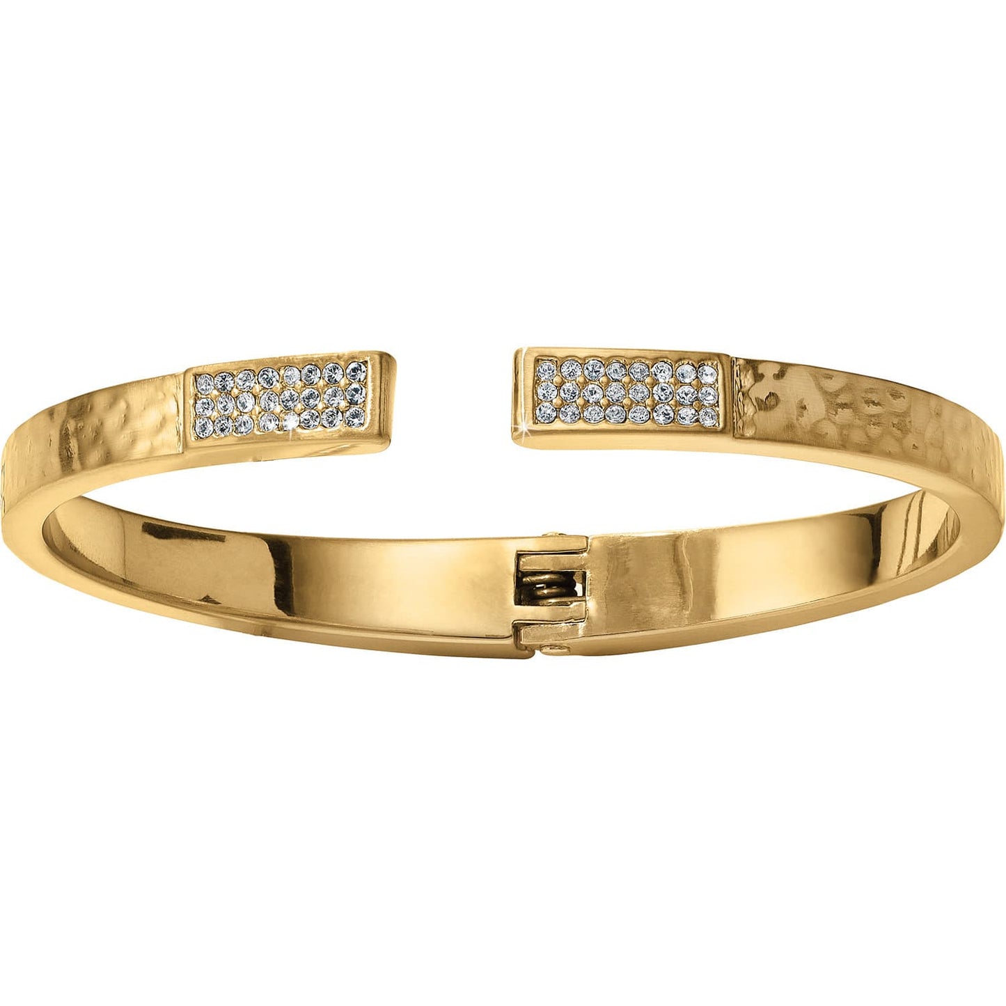 Brighton hinged cuff bracelet in gold-plated finish with hammered texture and crystal-paved end caps on a white background