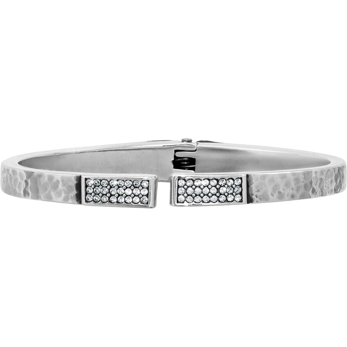 Brighton hinged bangle bracelet with hammered silver-tone finish and pavé crystal end caps on a white background