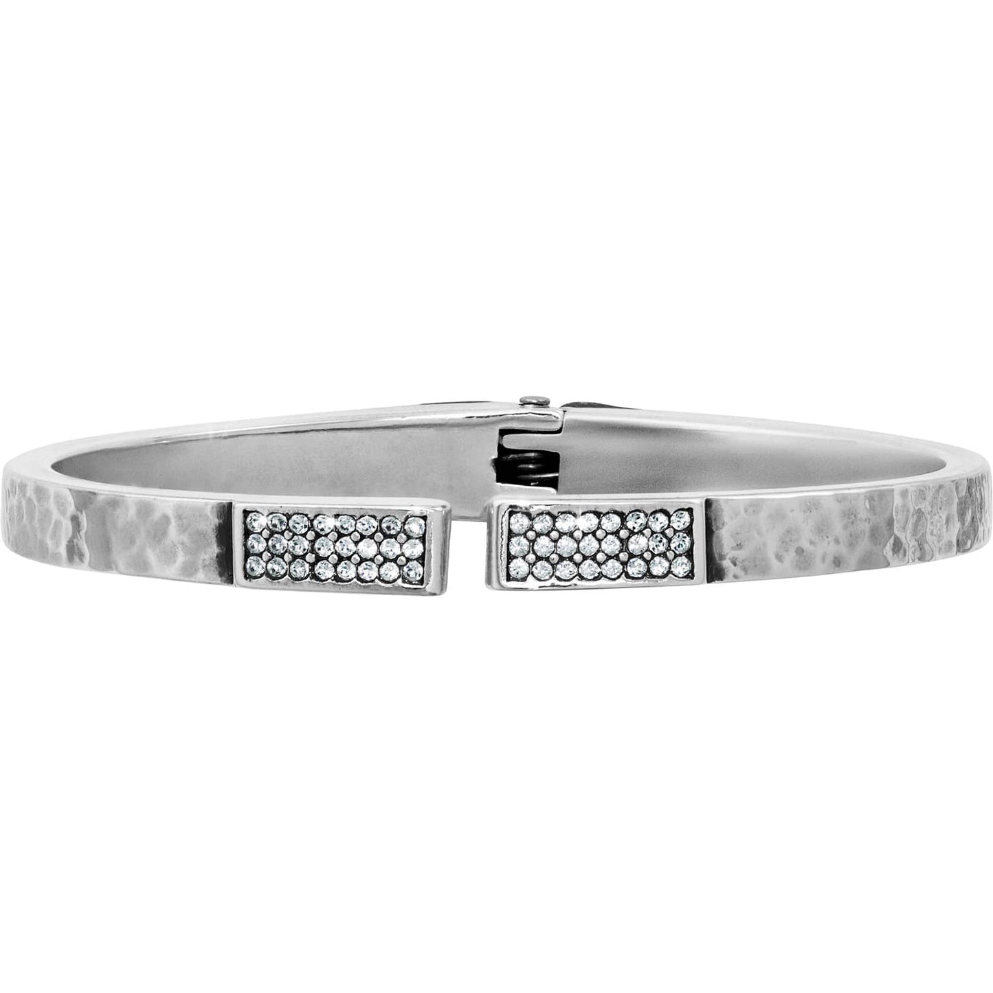 Brighton hinged bangle bracelet with hammered silver-tone finish and pavé crystal end caps on a white background