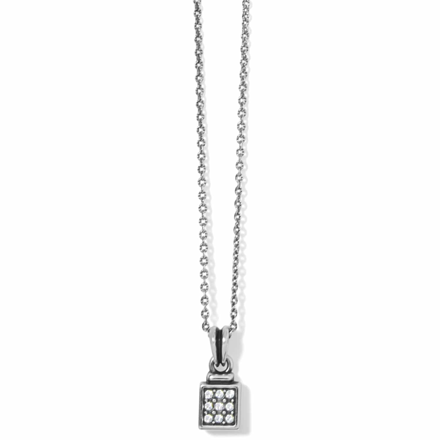 Brighton pendant necklace with silver-tone chain and small square crystal pavé pendant on a white background
