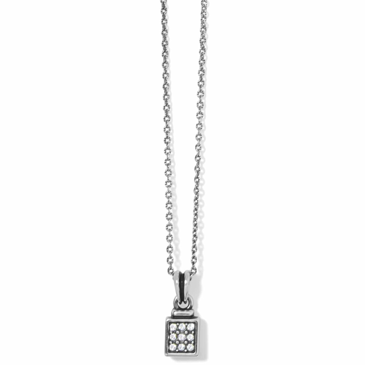 Brighton pendant necklace with silver-tone chain and small square crystal pavé pendant on a white background