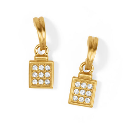 Brighton drop earrings with gold-plated square charms featuring crystal pavé accents on a white background