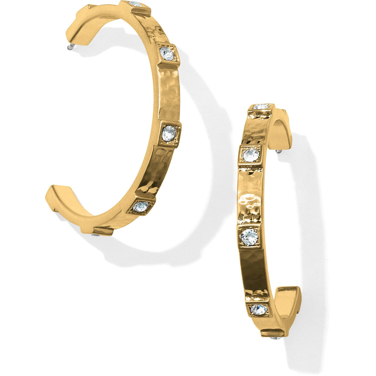Brighton hoop earrings in hammered gold-plated finish with crystal accents in square settings on a white background