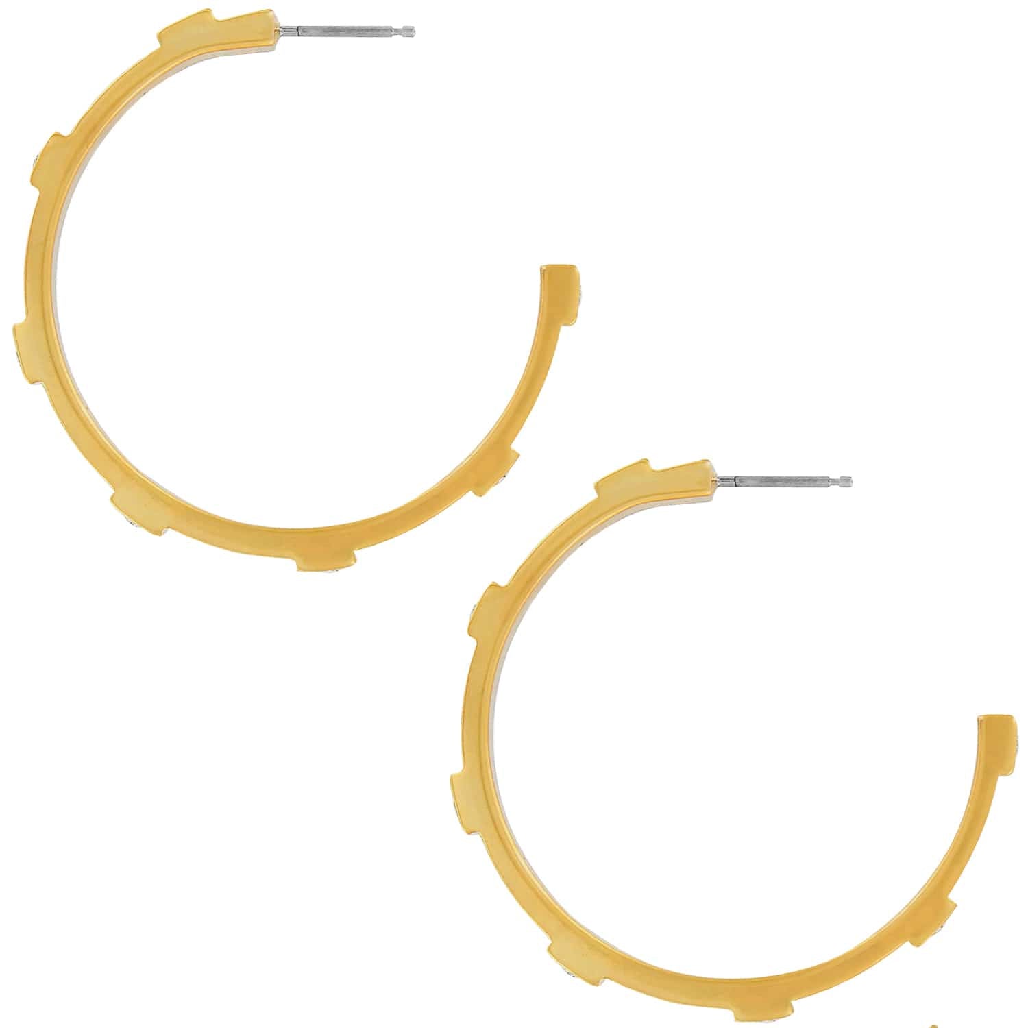 Brighton hoop earrings with gold-plated finish and notched textured edge design on a white background