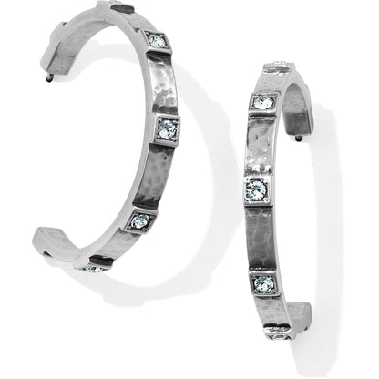 Brighton silver-plated hoop earrings with hammered texture and square crystal accents along the band on a white background