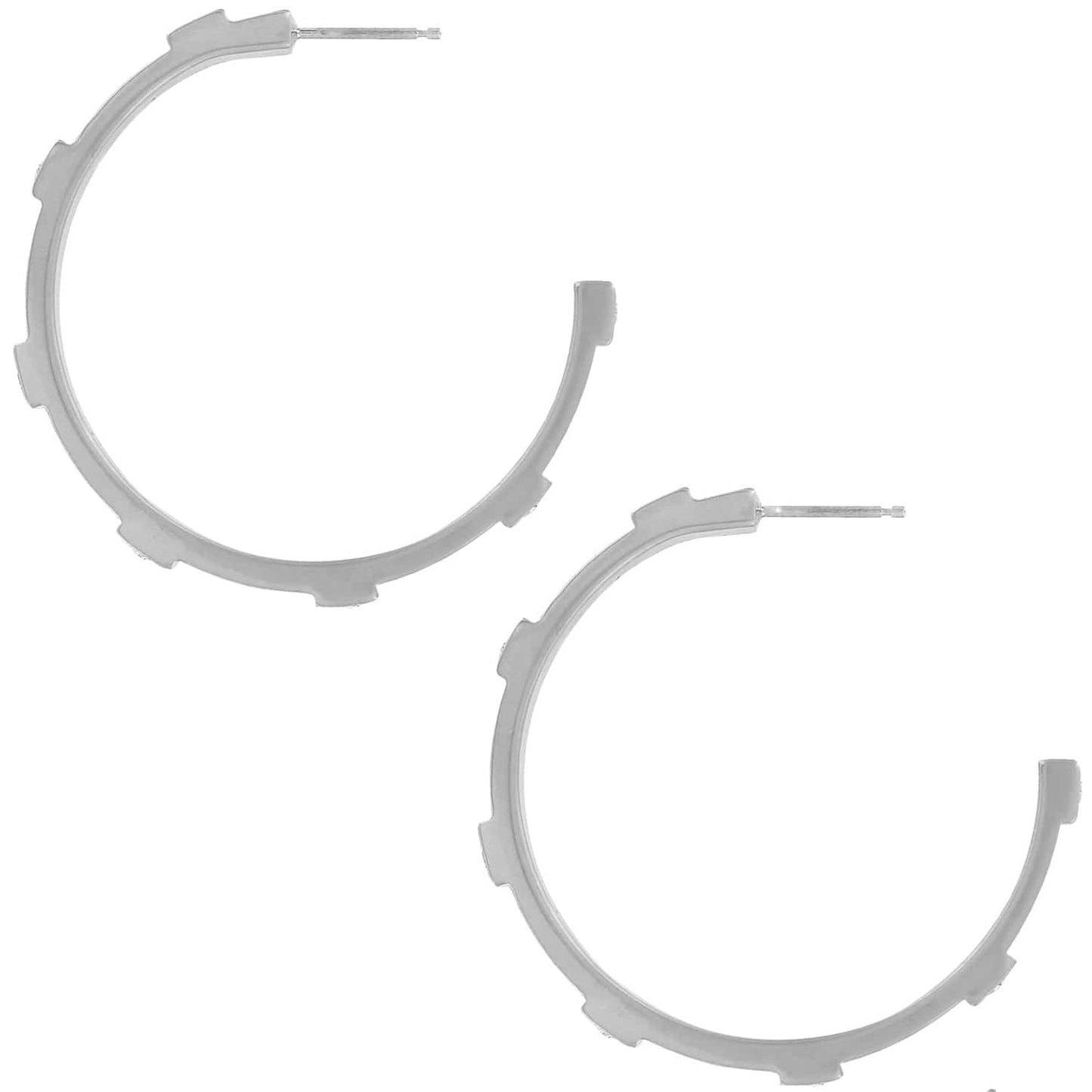 Brighton hoop earrings in silver-plated finish with notched geometric edge detail and post backs on a white background