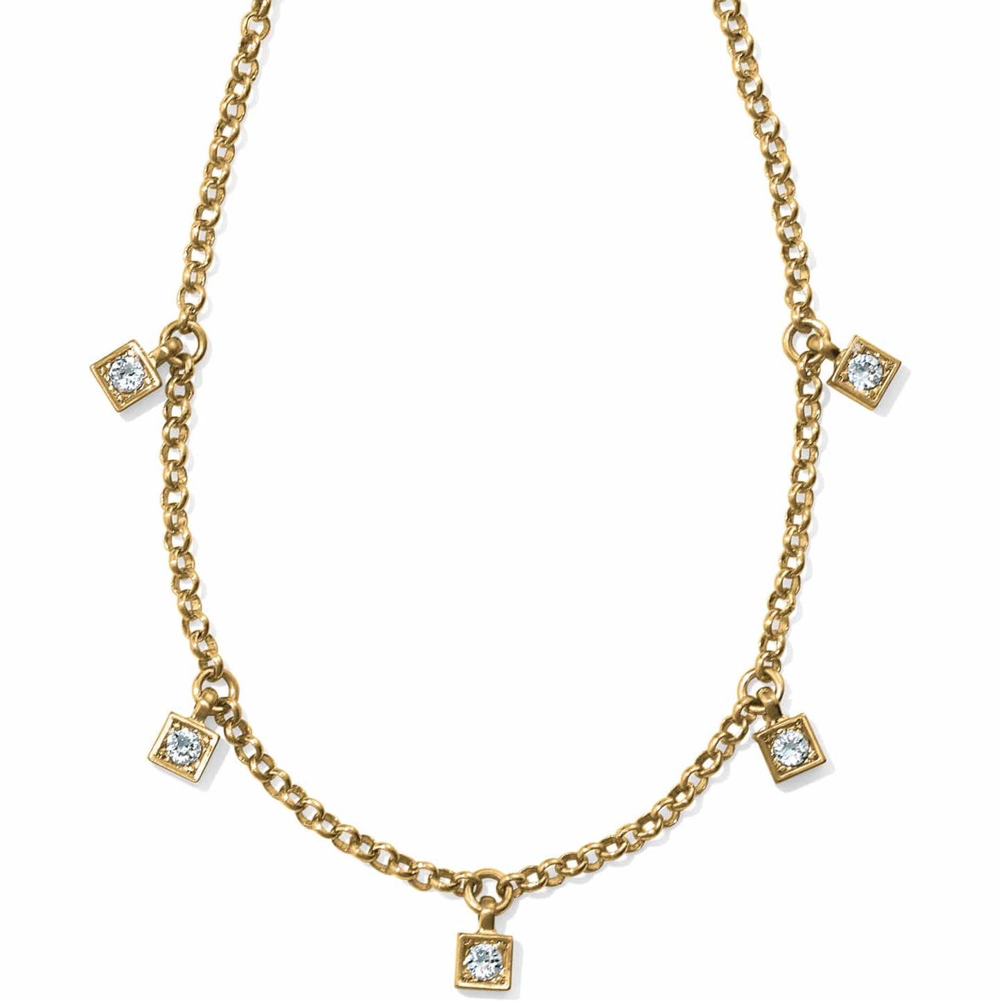 Brighton gold-plated chain necklace with five small square crystal stations spaced along the front on a white background