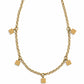 Brighton gold-plated chain necklace with five small dangling square charms spaced along the links on a white background