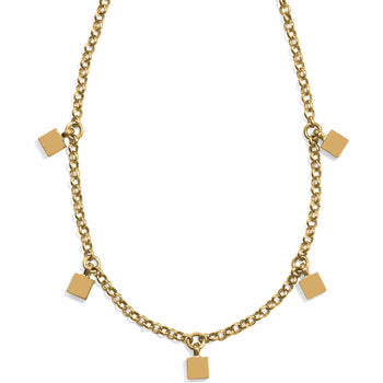 Brighton gold-plated chain necklace with five small dangling square charms spaced along the links on a white background