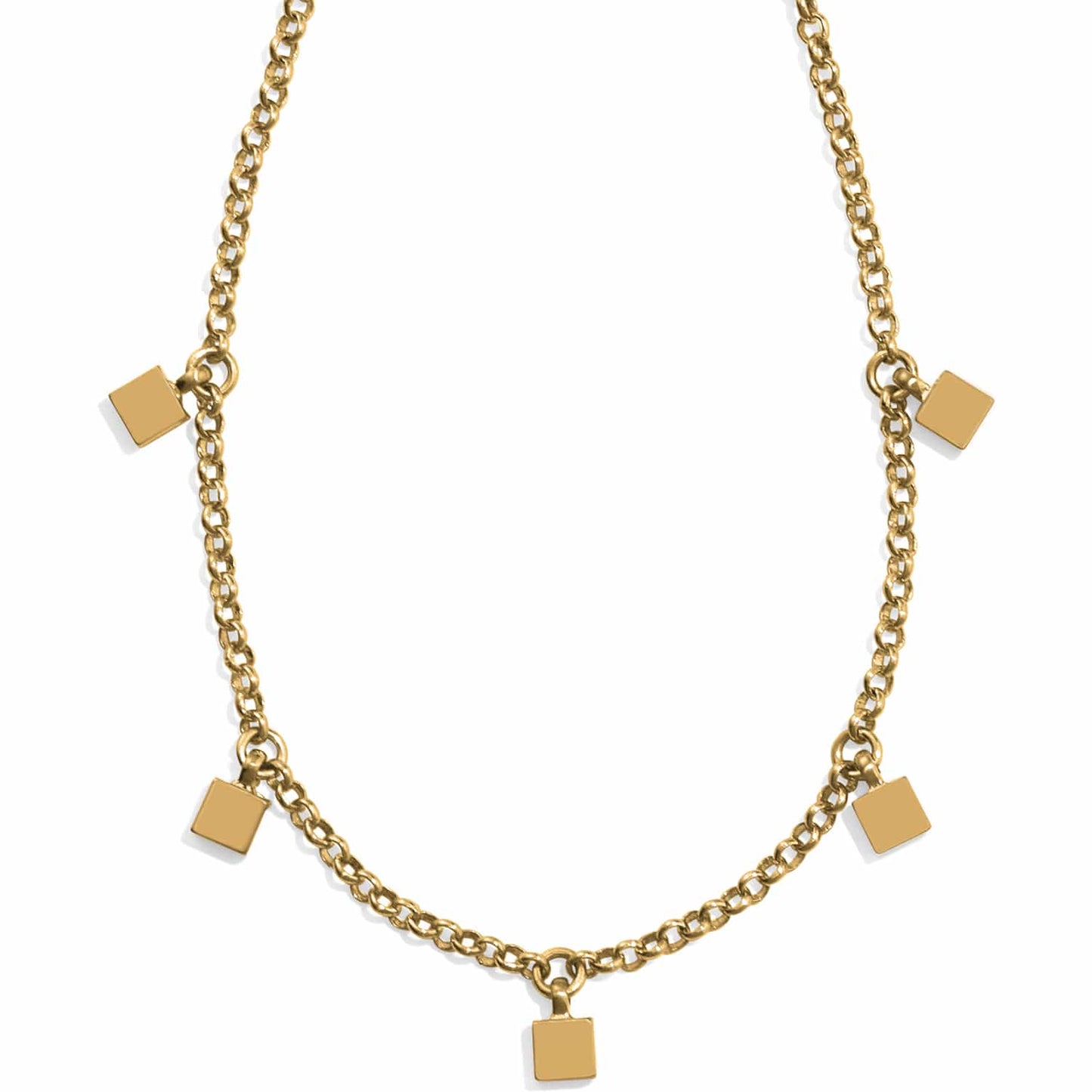 Brighton gold-plated chain necklace with five small dangling square charms spaced along the links on a white background