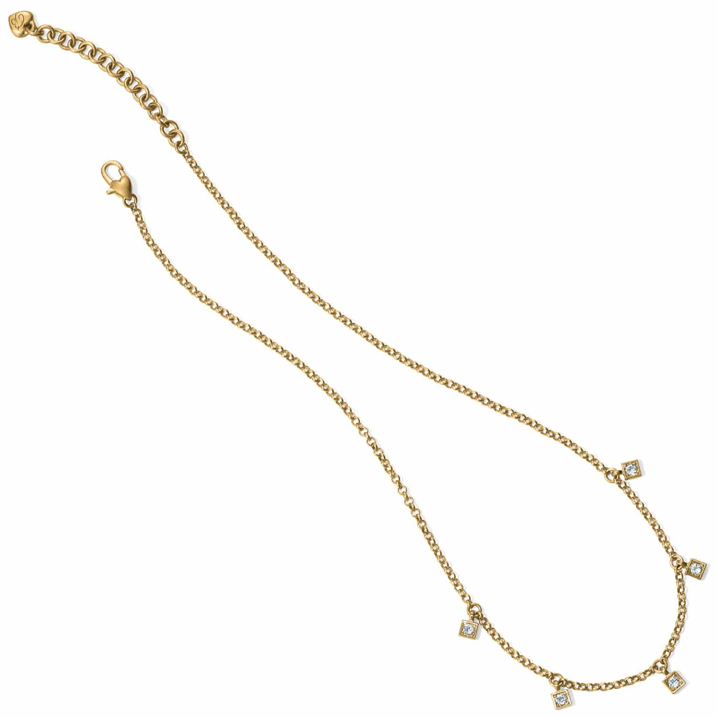 Brighton gold-plated chain necklace with small crystal-set square charms and lobster clasp on a white background