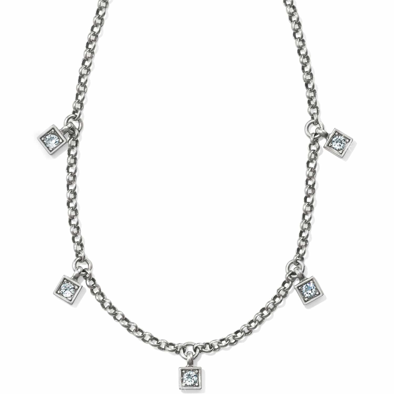 Brighton silver-tone chain necklace with five small square crystal charms spaced along the chain on a white background
