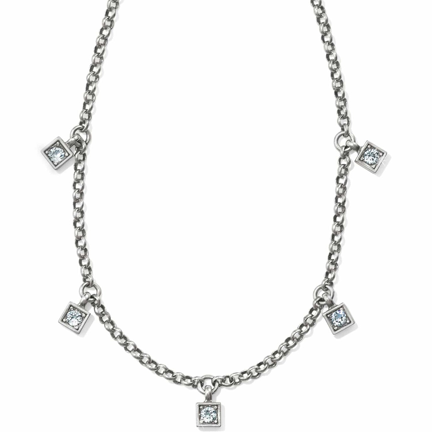 Brighton silver-tone chain necklace with five small square crystal charms spaced along the chain on a white background