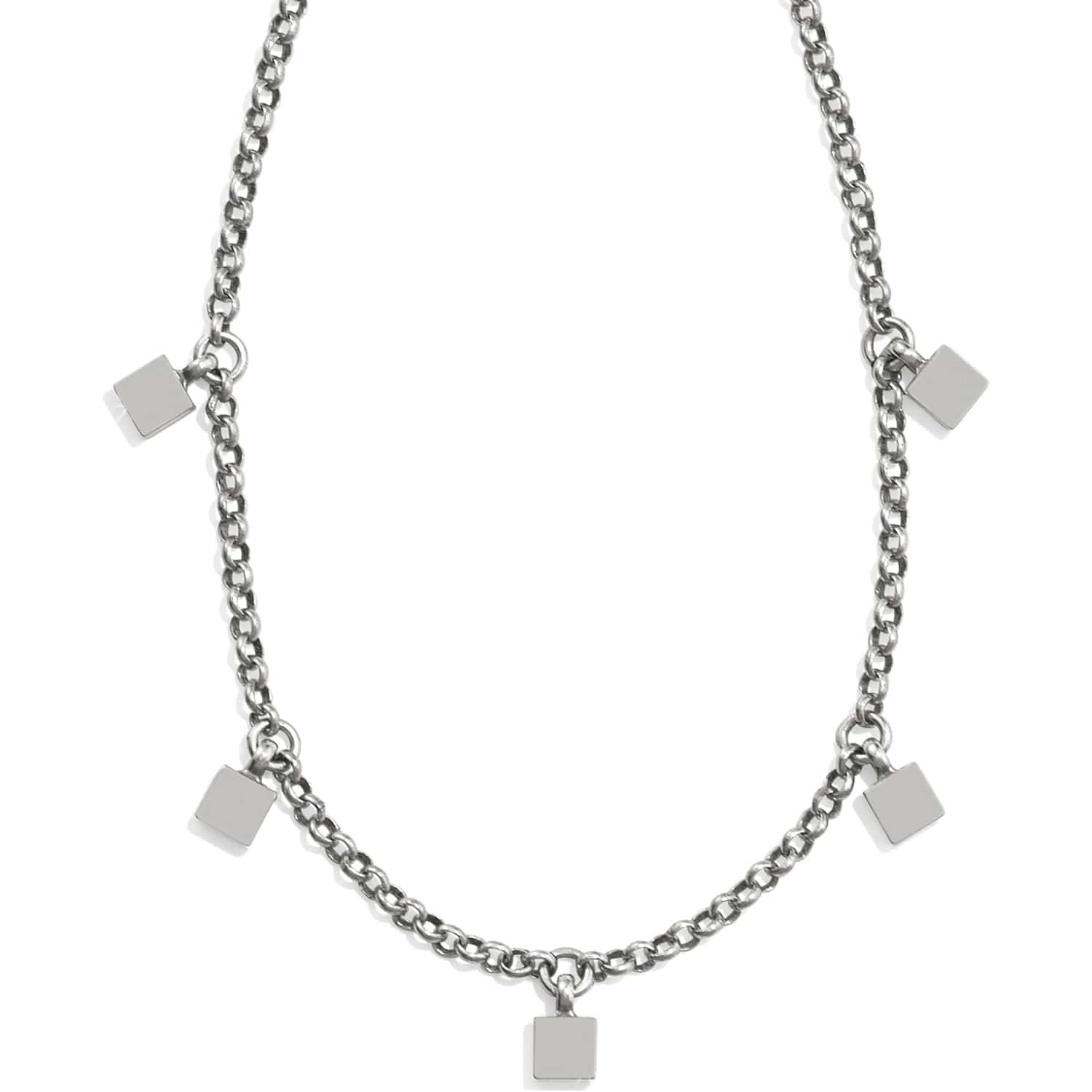 Brighton necklace with silver-plated rolo chain and five small dangling square charms on a white background