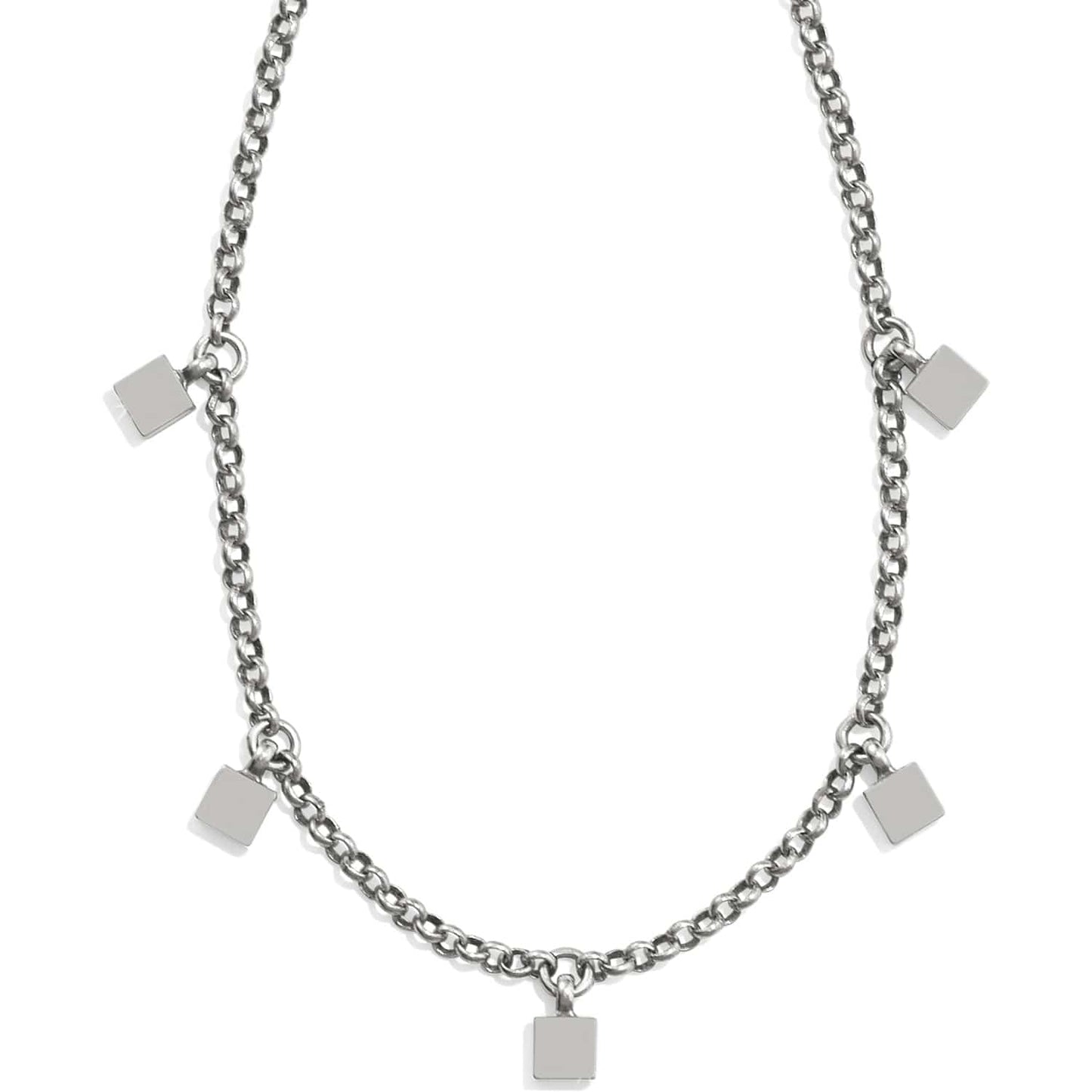 Brighton necklace with silver-plated rolo chain and five small dangling square charms on a white background