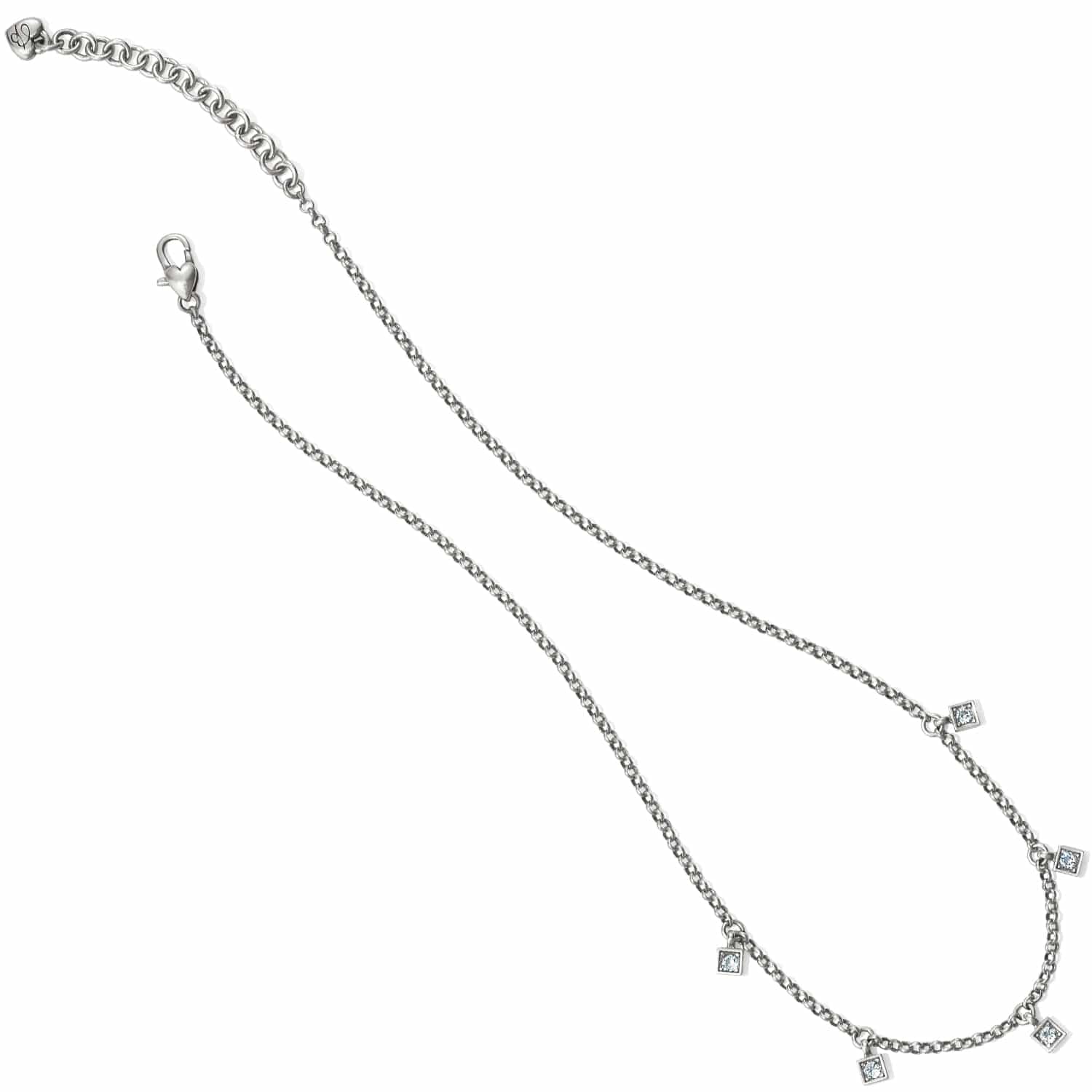 Brighton silver-tone chain necklace with small square crystal charms and lobster clasp on a white background