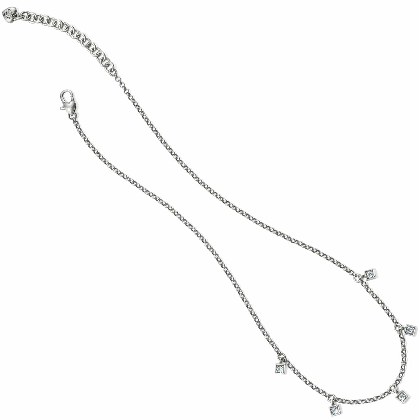Brighton silver-tone chain necklace with small square crystal charms and lobster clasp on a white background