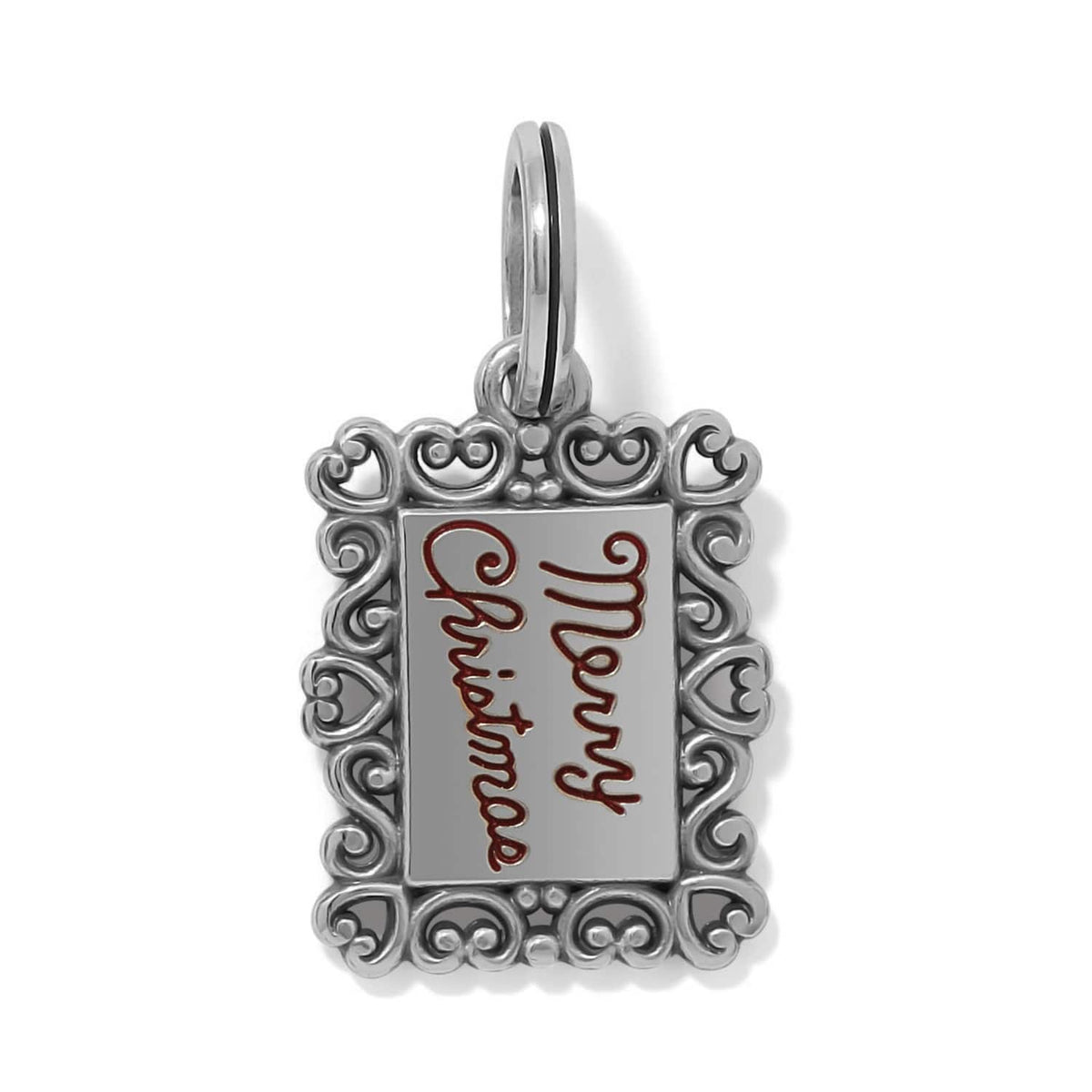 Brighton Merry Christmas charm with silver-plated ornate scrollwork frame and red script lettering on a white background