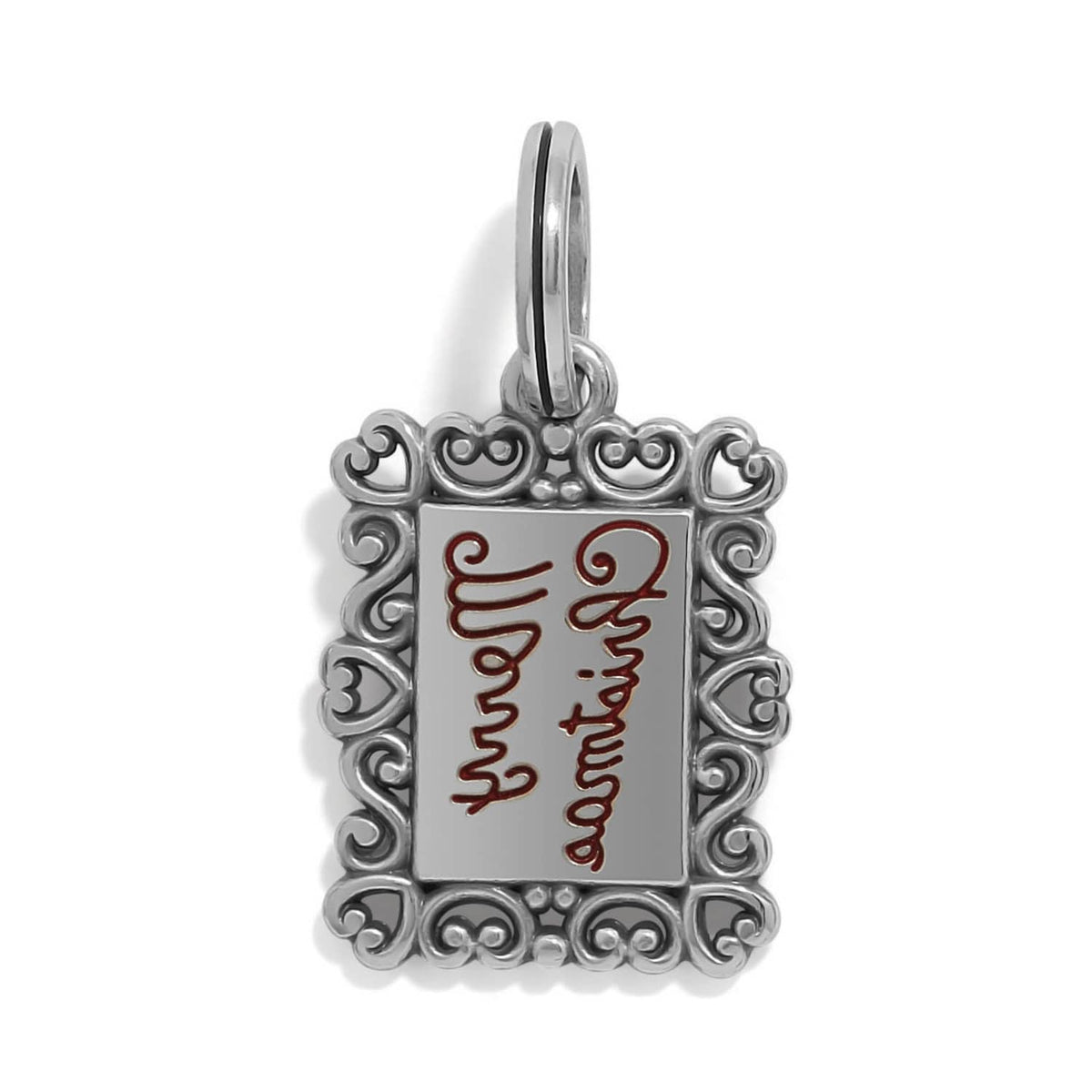 Brighton rectangular charm with silver-plated scroll frame and red cursive lettering shown reversed on a white background