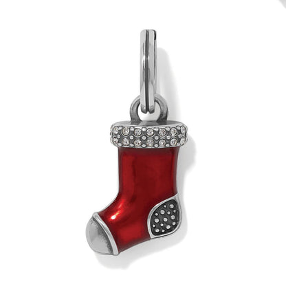 Brighton stocking charm with red enamel, crystal-embellished cuff, and silver-plated toe and heel on a white background